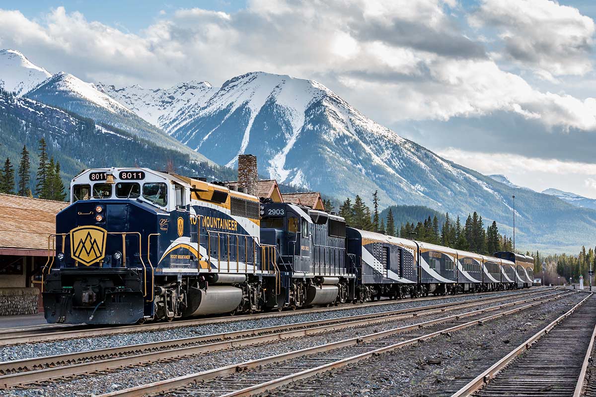 Train passing through the Canadian Rockies